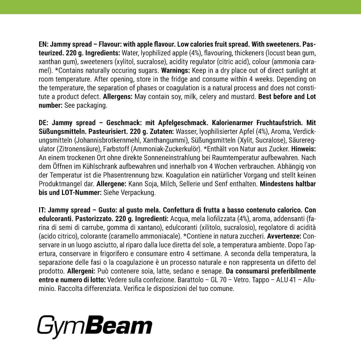 GymBeam Jammy Spread marmellata senza zucchero 220 g mela
