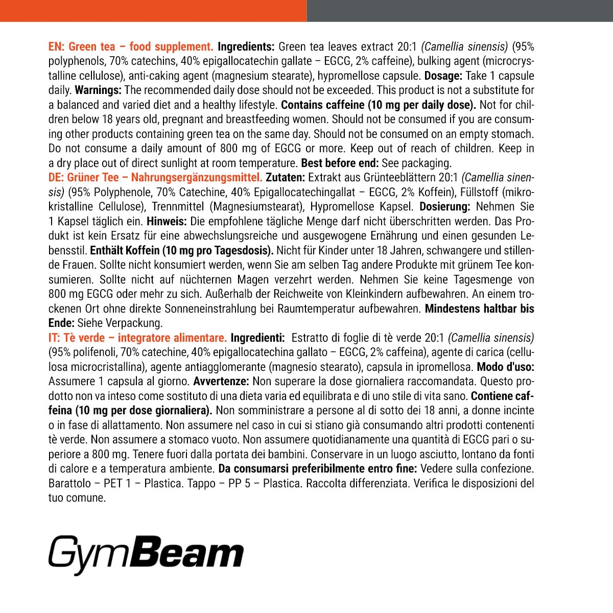 GymBeam Tè Verde 500mg 60 Capsule EGCG Metabolismo