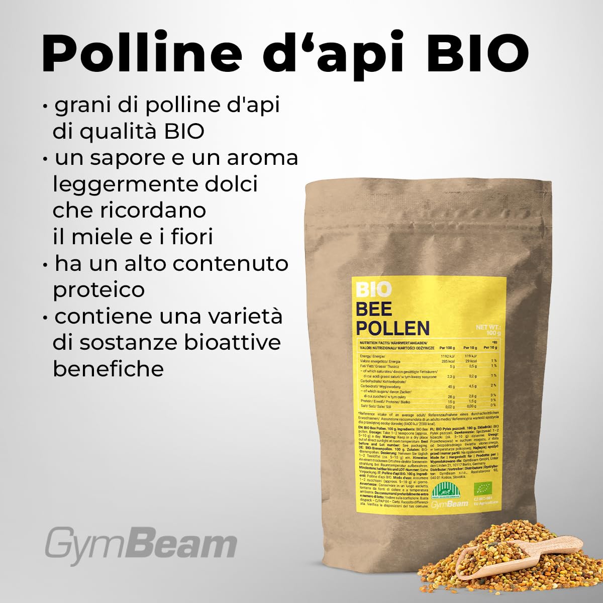GymBeam Polline d’Api BIO superfood 100 g proteine