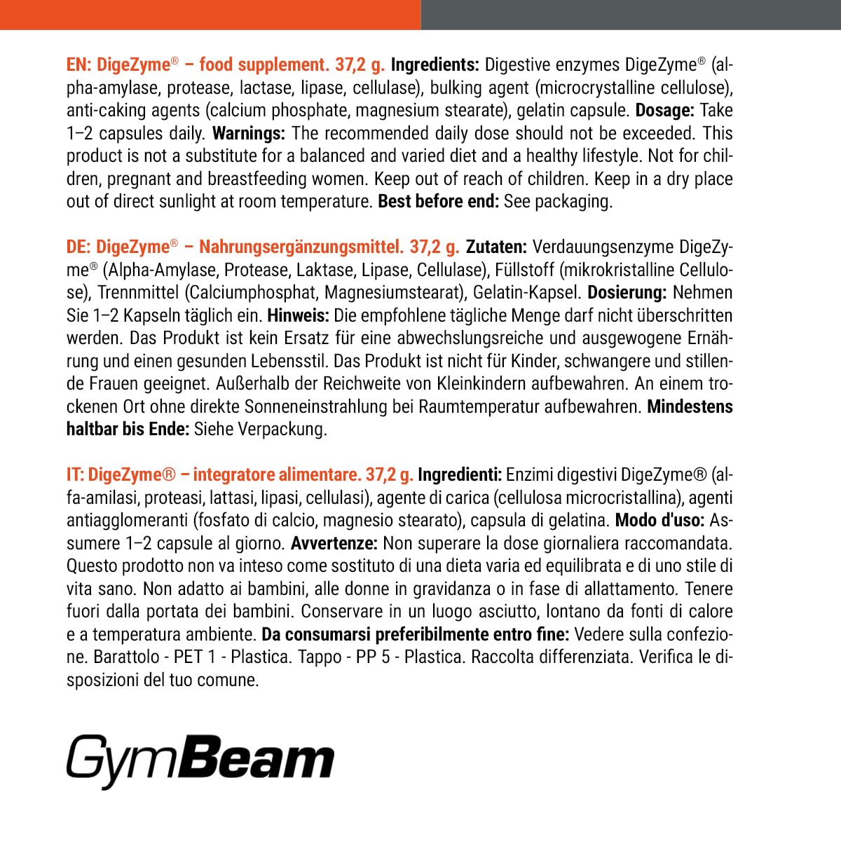 GymBeam DigeZyme Enzimi Digestivi Capsule 5 Enzimi