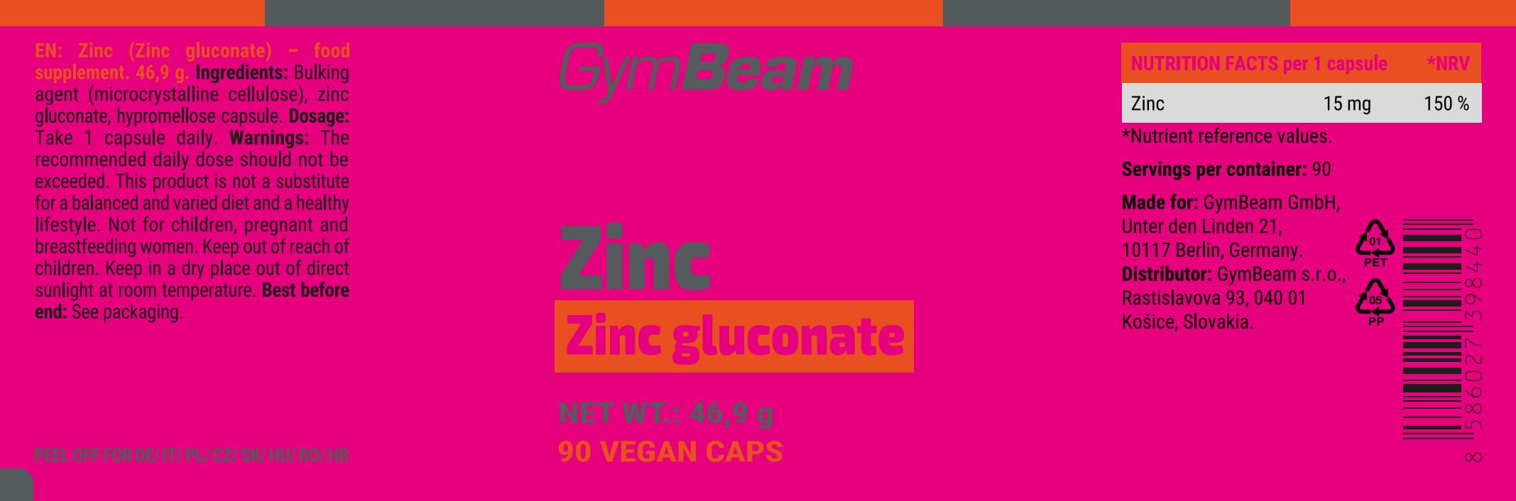 GymBeam Minerali Gluconato di Zinco Integratore Capsule Vegano