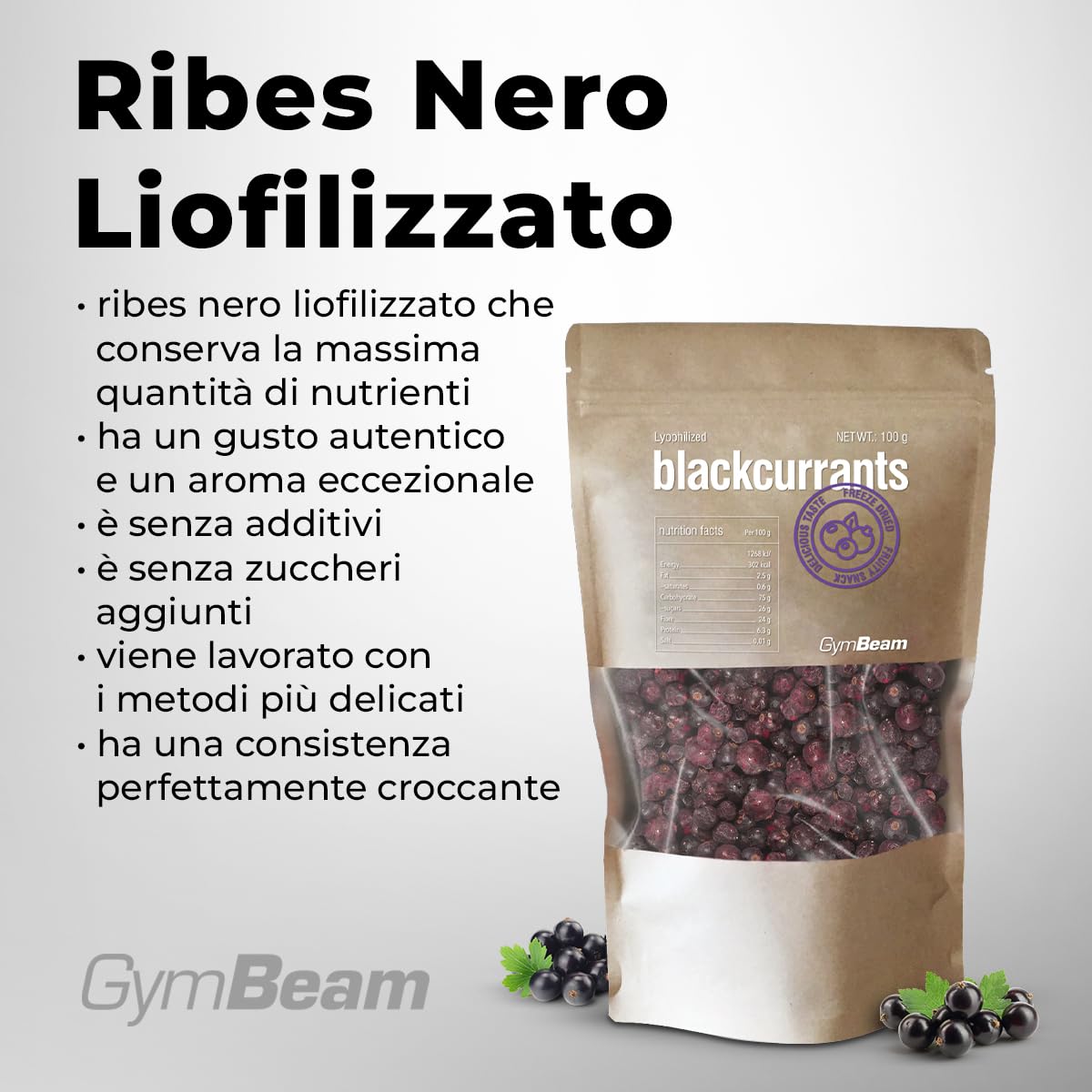 GymBeam Ribes Nero Liofilizzato Frutta Croccante 100g Senza Zucchero