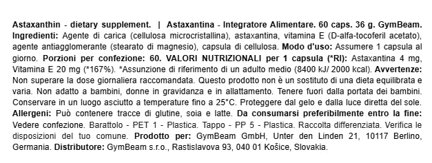 GymBeam Astaxantina con Vitamina E 60 Capsule Antiossidante