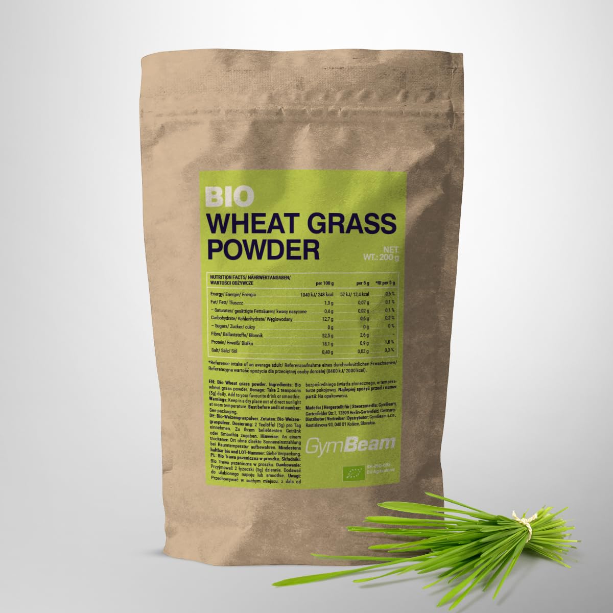 GymBeam Erba di Grano BIO 200g Polvere Vegana Fibre Clorofilla