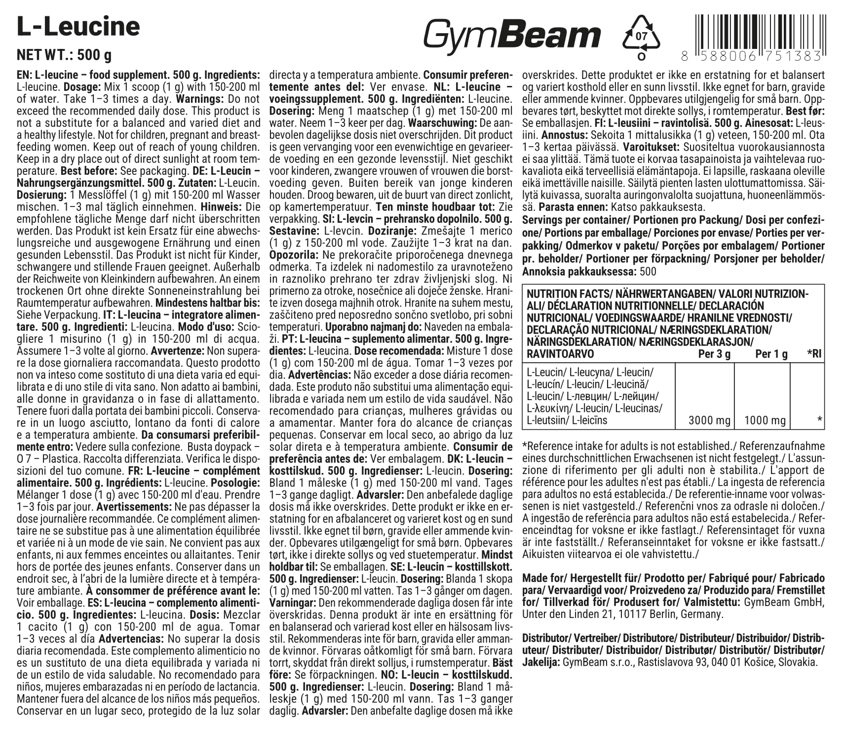 GymBeam Leucina Polvere 500g BCAA Sintesi Proteica