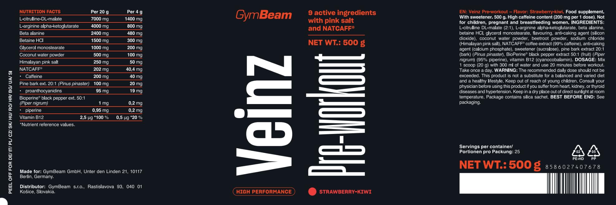 GymBeam Veinz Pre-Workout 500 g fragola kiwi pump