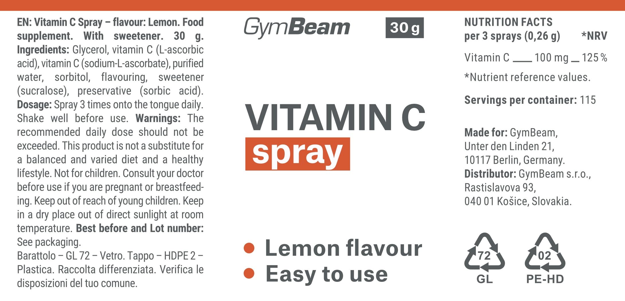 GymBeam Vitamina C Spray limone immunità
