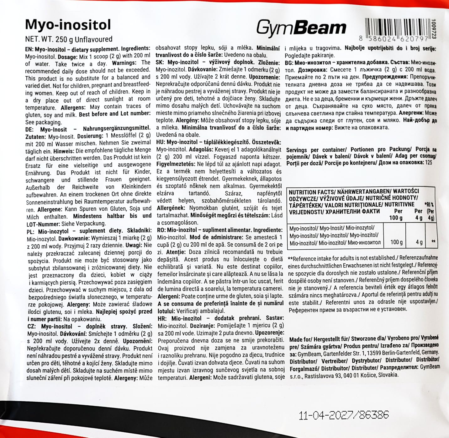 GymBeam Myo Inositolo 250 g polvere solubile pura vegana