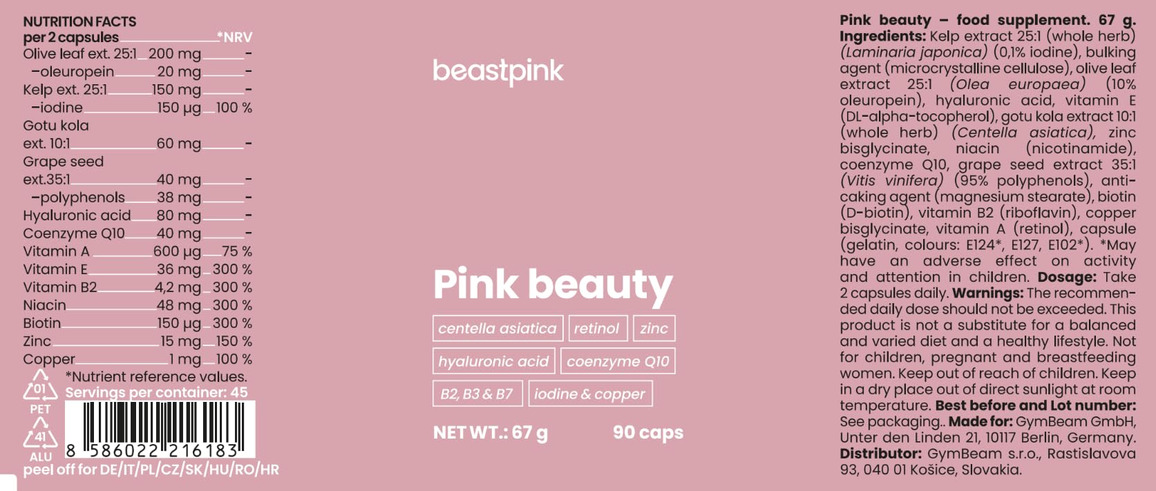 GymBeam Pink Beauty Integratore Bellezza 90 capsule acido ialuronico