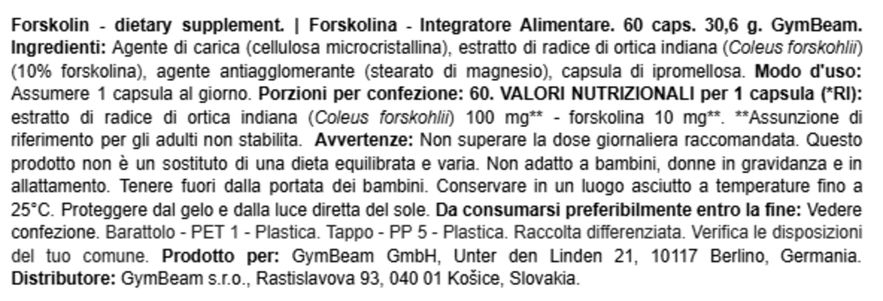 GymBeam Coleus Forskohlii 60 Capsule Vegane Bruciagrassi 10% Forskolina