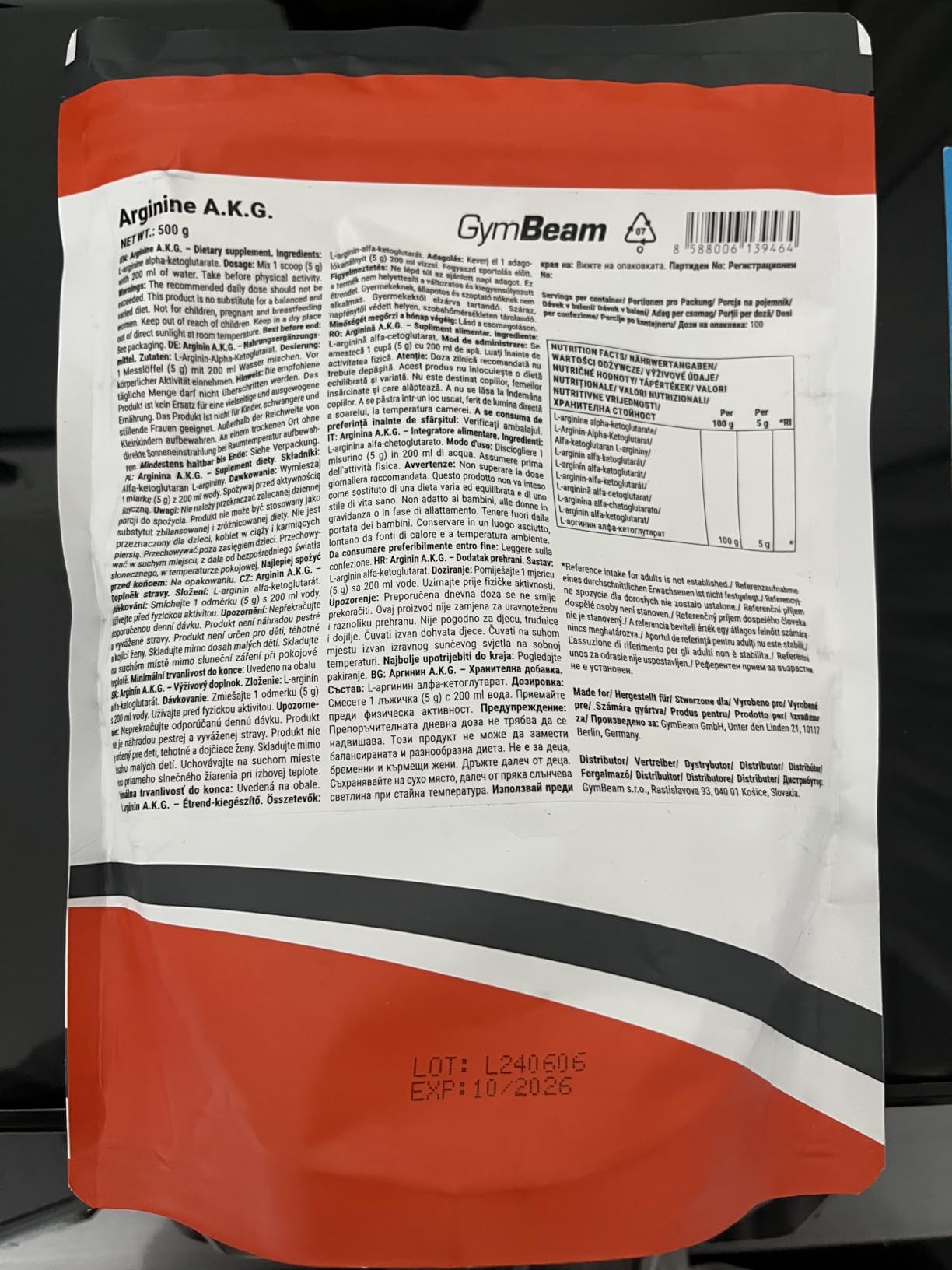 GymBeam Arginina AKG polvere 500 g neutra ossido nitrico