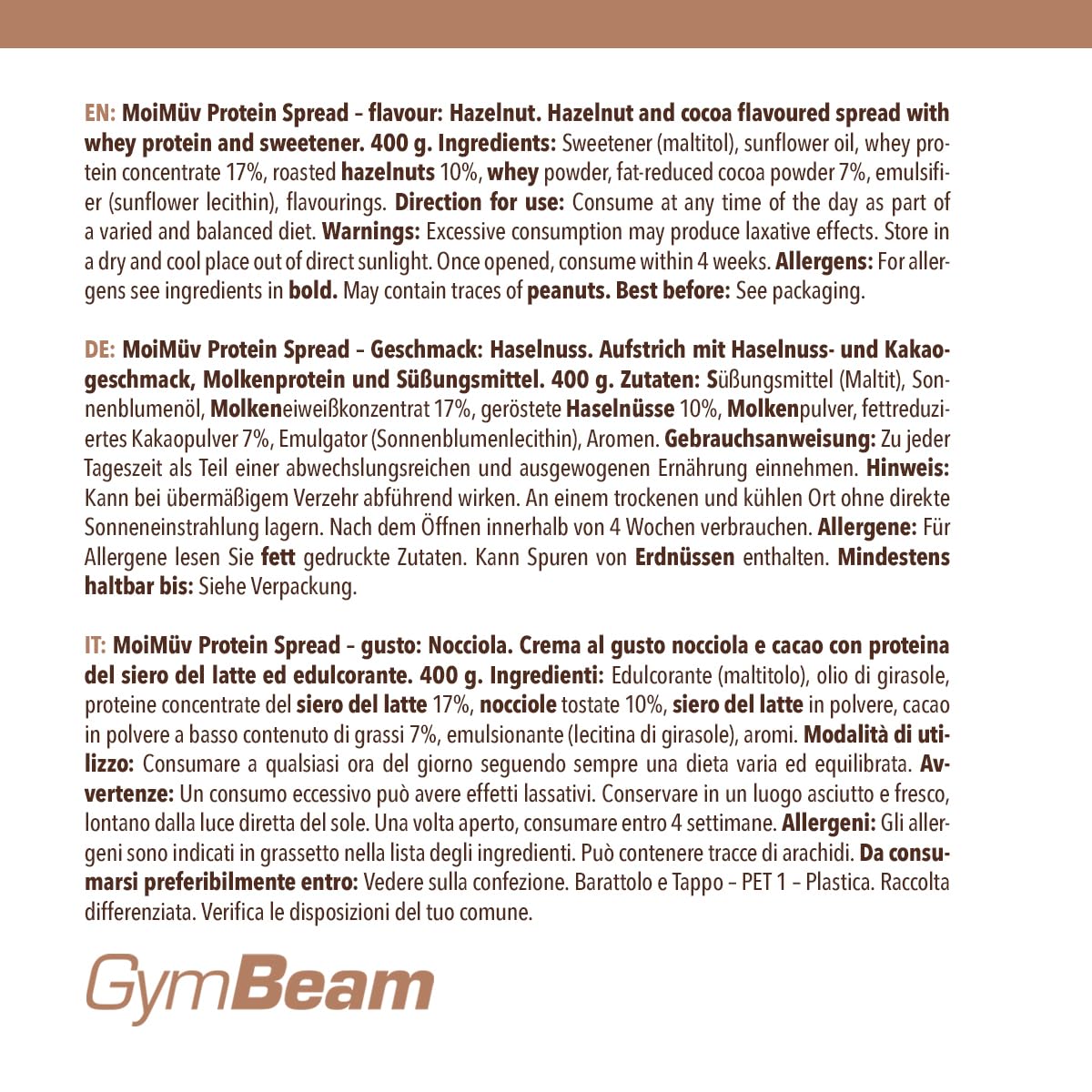 GymBeam MoiMüv Crema Proteica 400 g Nocciola Senza Zuccheri
