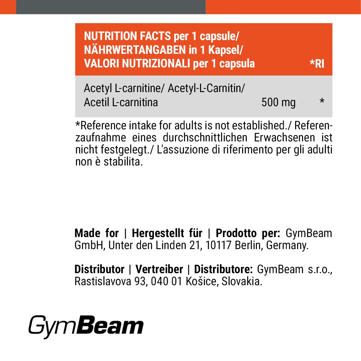 GymBeam Bruciagrassi Acetil L-Carnitina 500 mg Capsule Vegane