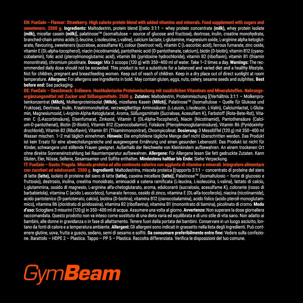 GymBeam FueGain Gainer Proteine Fragola 2500 g Massa