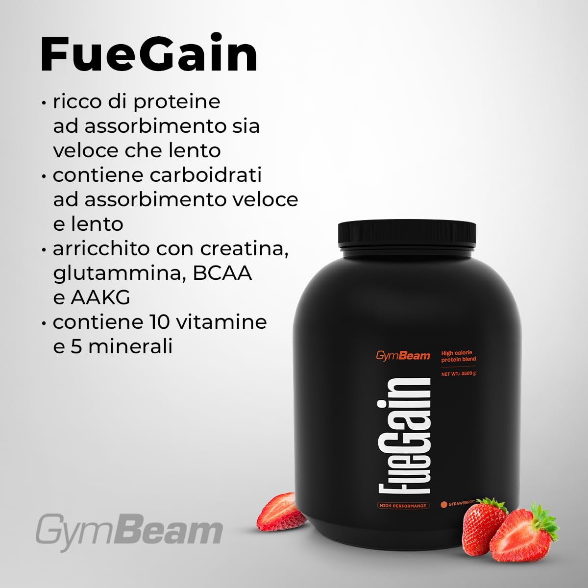 GymBeam FueGain Gainer Proteine Fragola 2500 g Massa