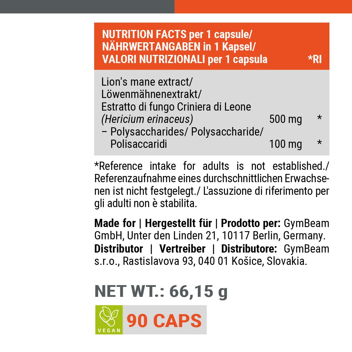 GymBeam Hericium Erinaceus 500 mg Capsule Memoria
