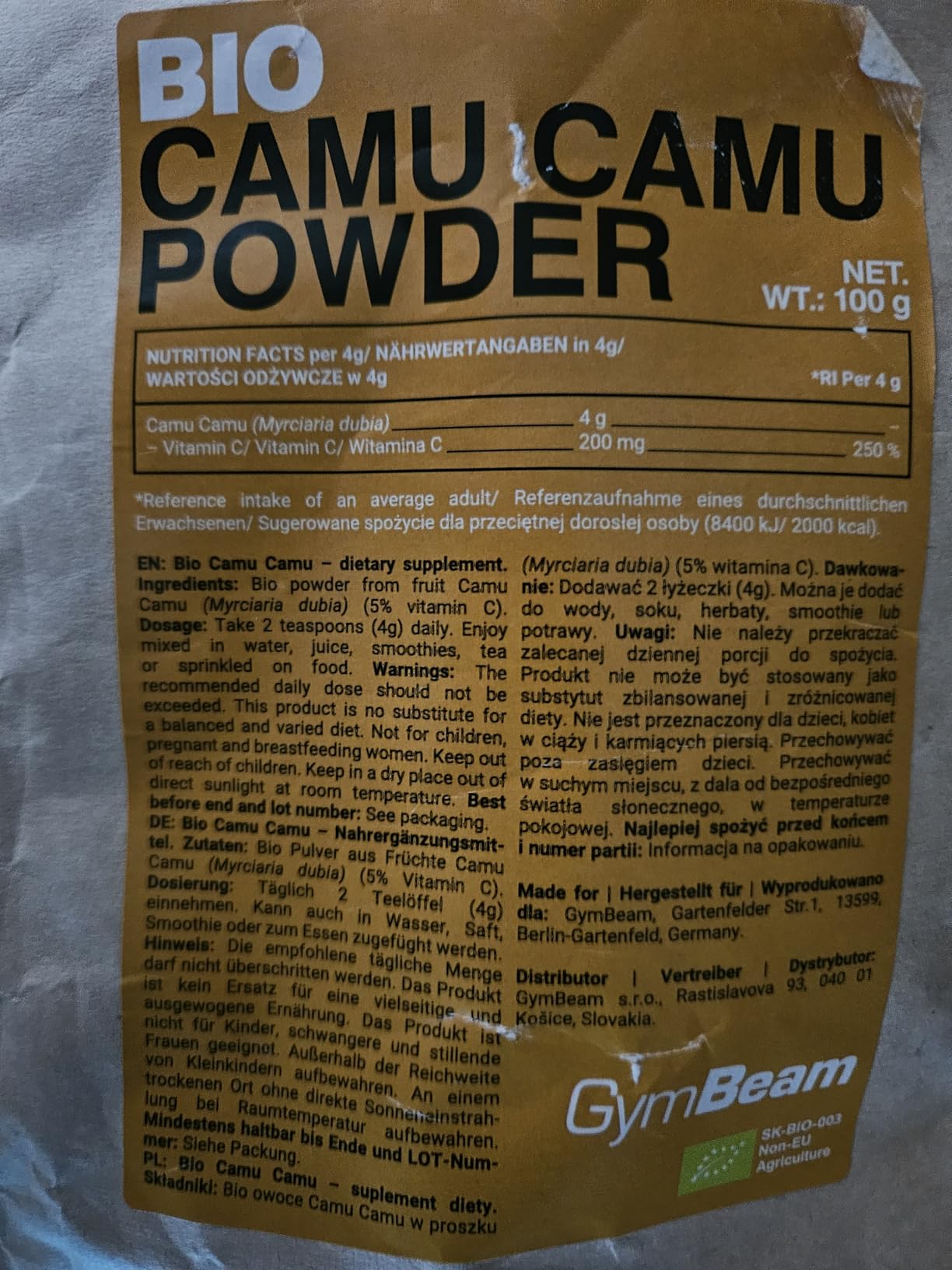 GymBeam Camu Camu BIO Polvere 100 g Vitamina C Antiossidante