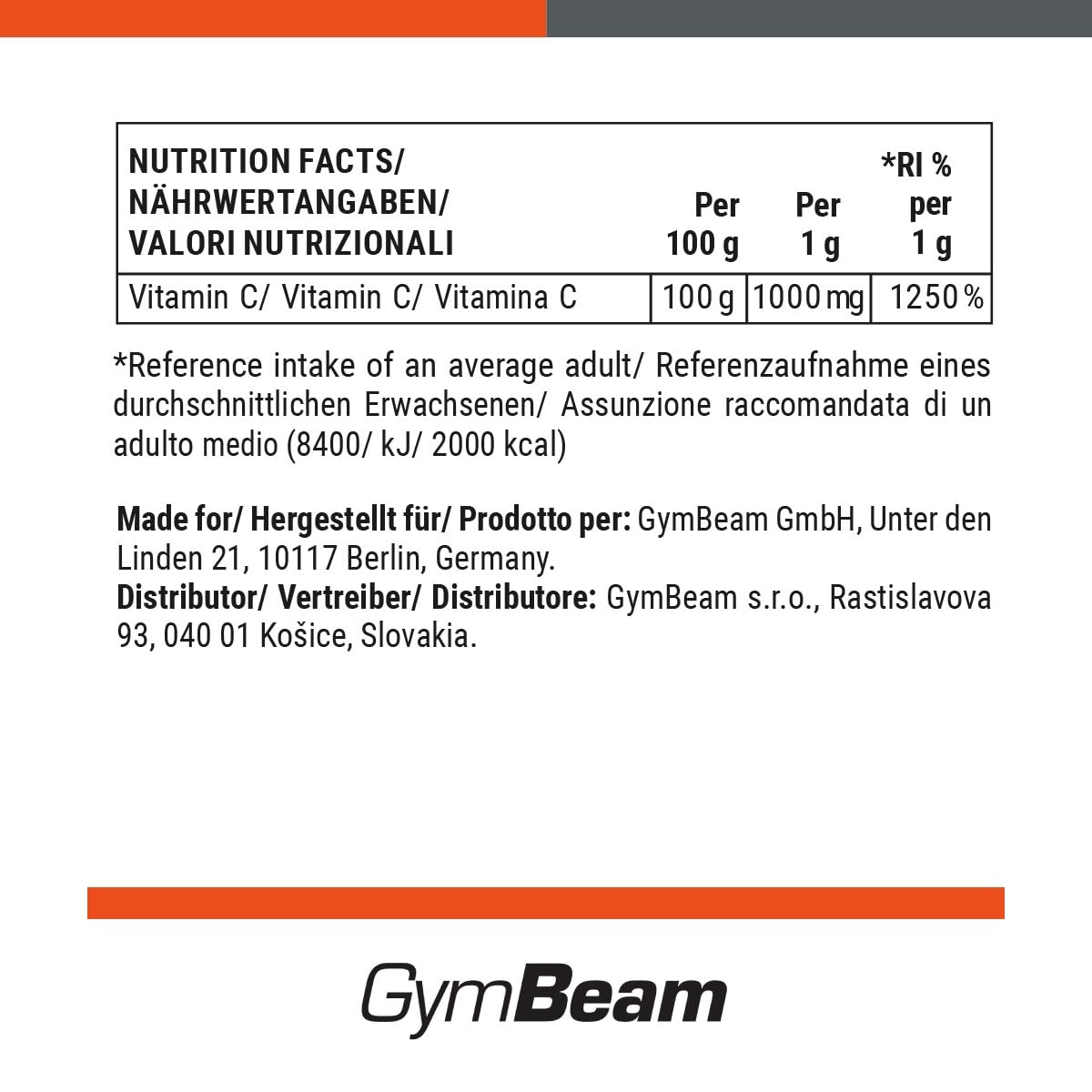 GymBeam Vitamina C in Polvere 250 g Acido Ascorbico