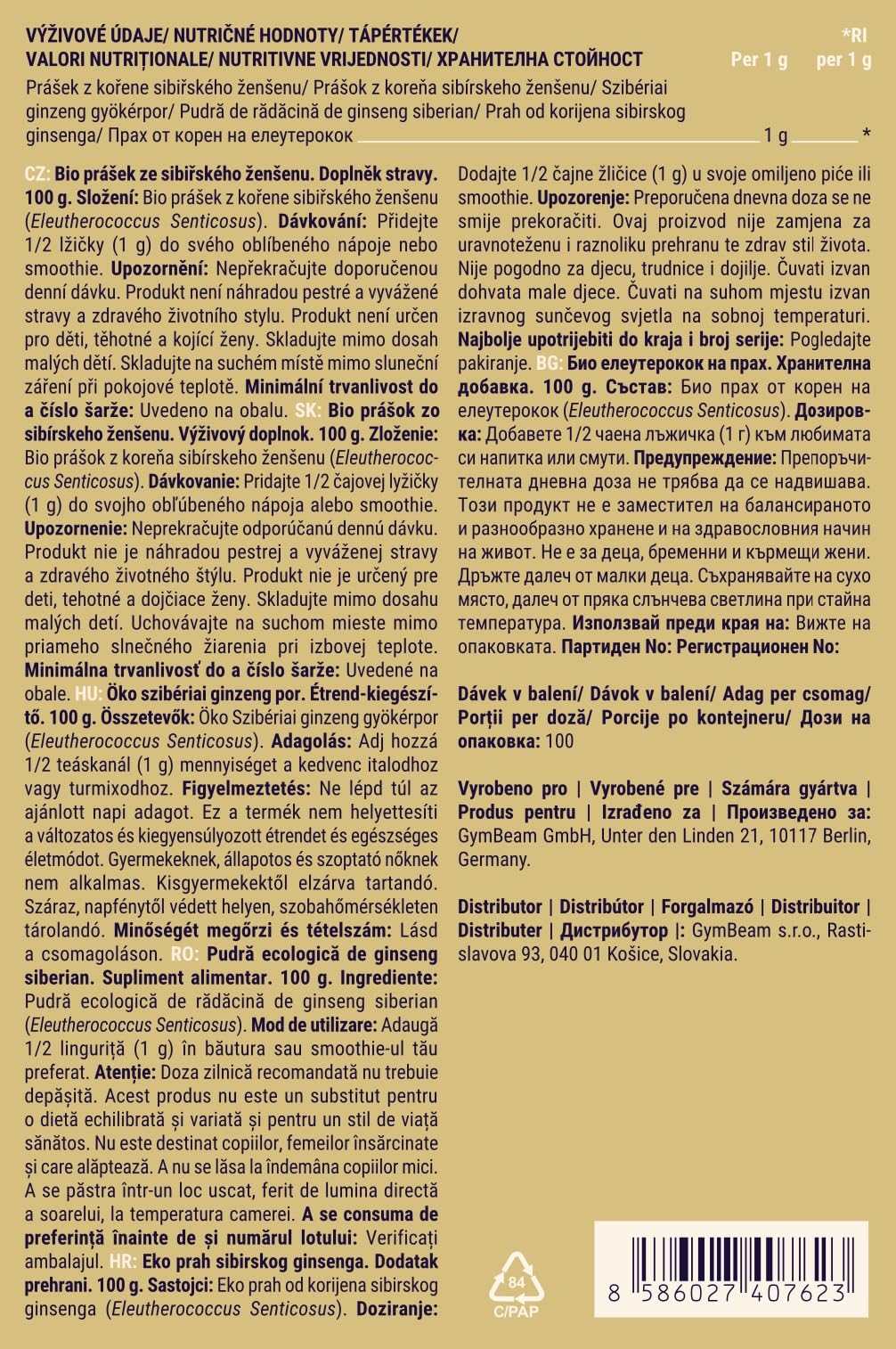 GymBeam Ginseng Siberiano Bio Polvere Vegana Energia