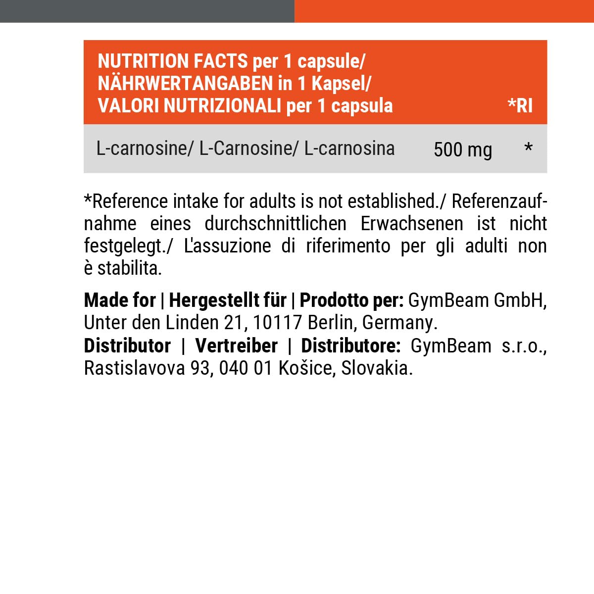 GymBeam L-Carnosina 500 mg Capsule 60 cps Antiossidante