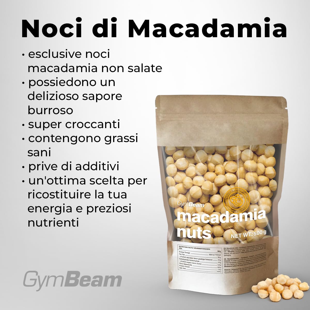 GymBeam Noci di Macadamia Intere Non Salate 500g Snack Vegano
