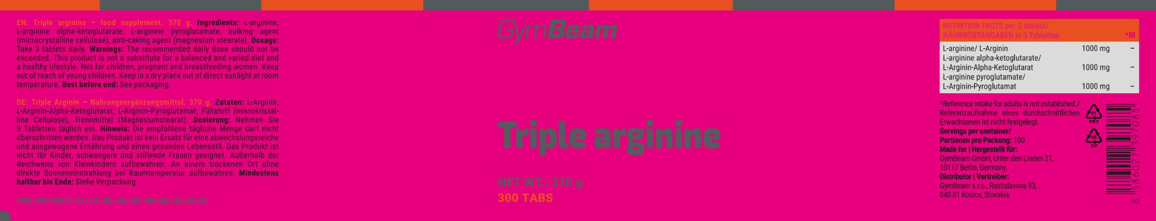 GymBeam Tripla Arginina Pre-Workout Pump 300 Compresse Vegano