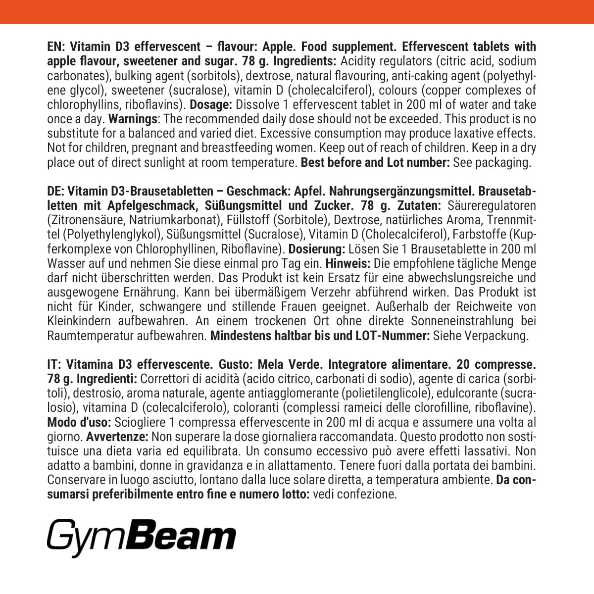 GymBeam Vitamina D3 Effervescente 1000 UI Compresse 20 Pezzi