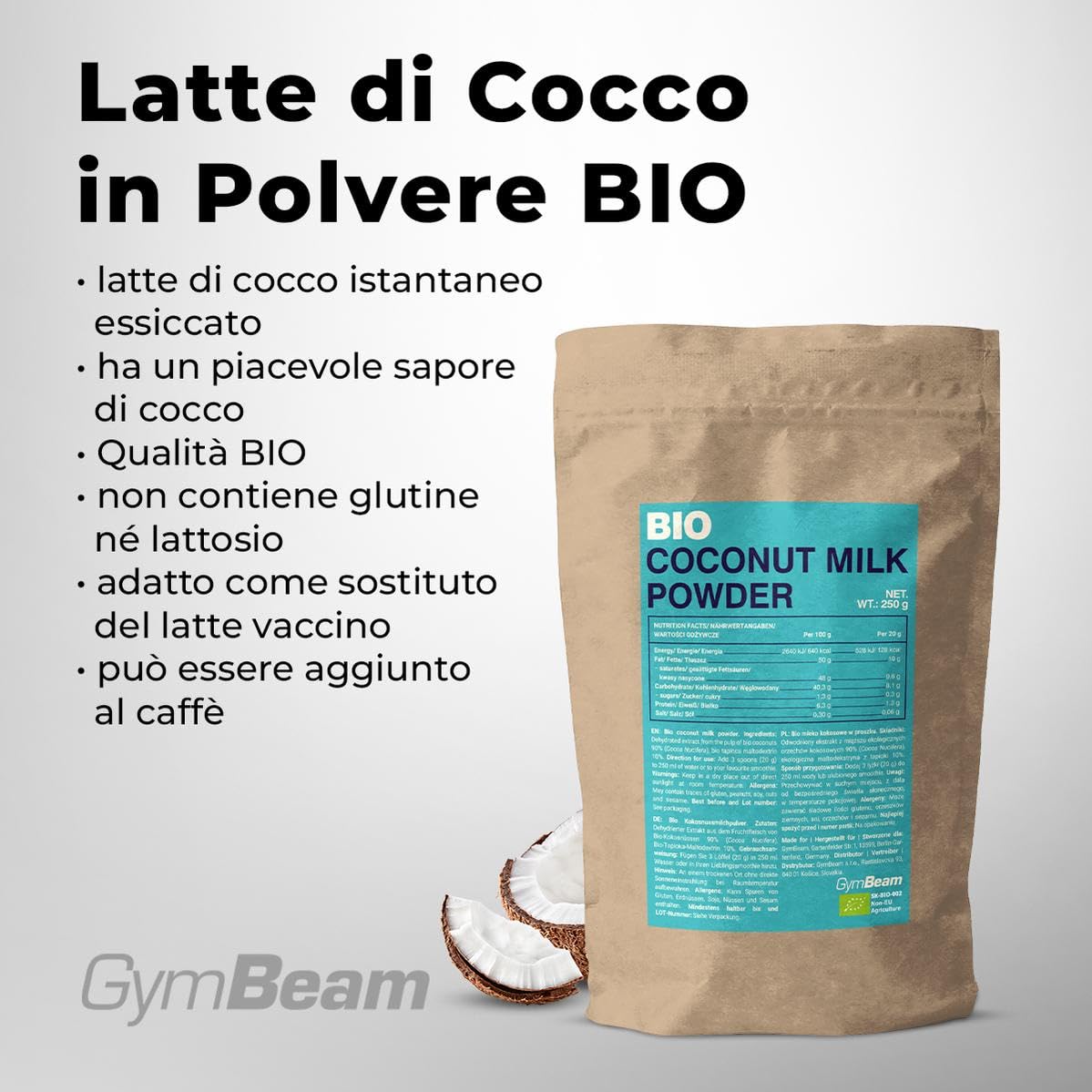GymBeam Latte di Cocco Bio 250 g Senza Lattosio