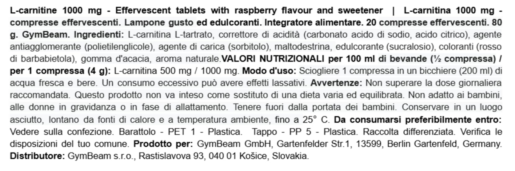 GymBeam Bruciagrassi L-Carnitina 1000 mg effervescente