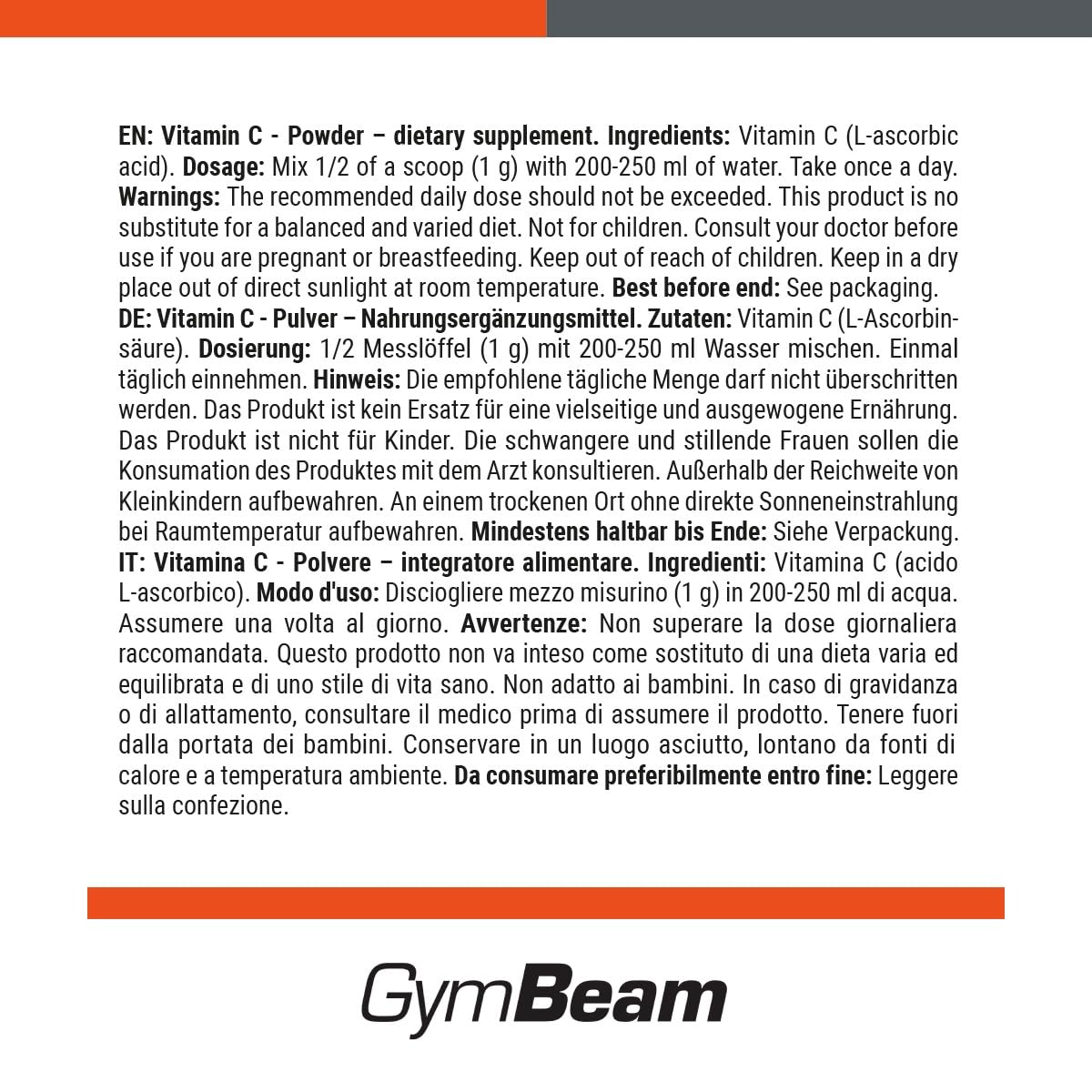 GymBeam Vitamina C in Polvere 250 g Acido Ascorbico