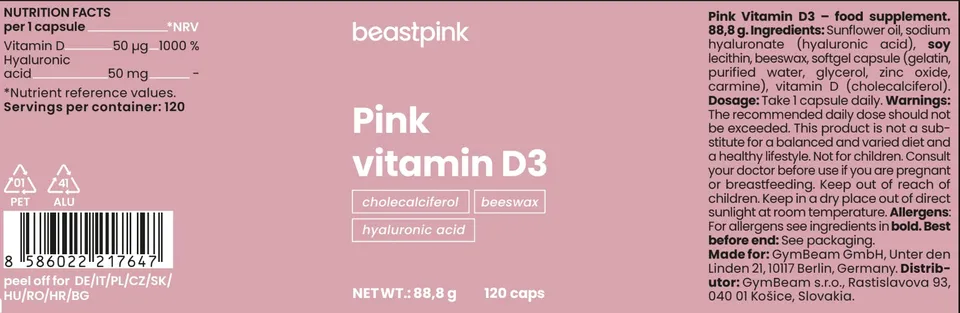 GymBeam Vitamine D3 Pink capsule 120pz 2000 UI ialuronico