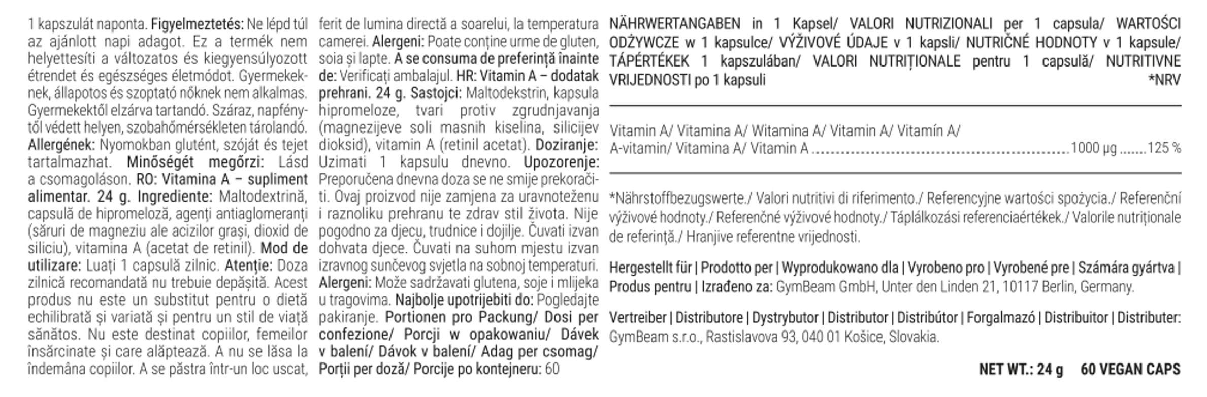 GymBeam Vitamina A capsule 60 cps 3000 µg retinolo