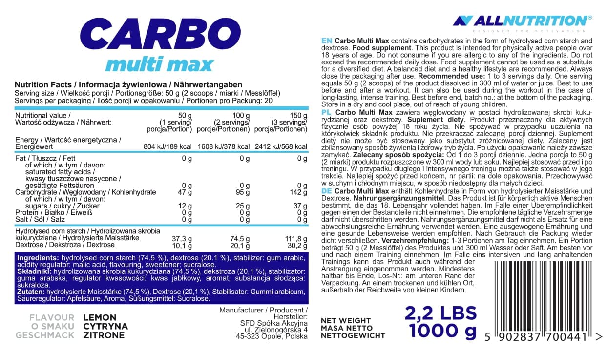 AllNutrition Carbo Multi Max Carboidrati 1000 g Limone