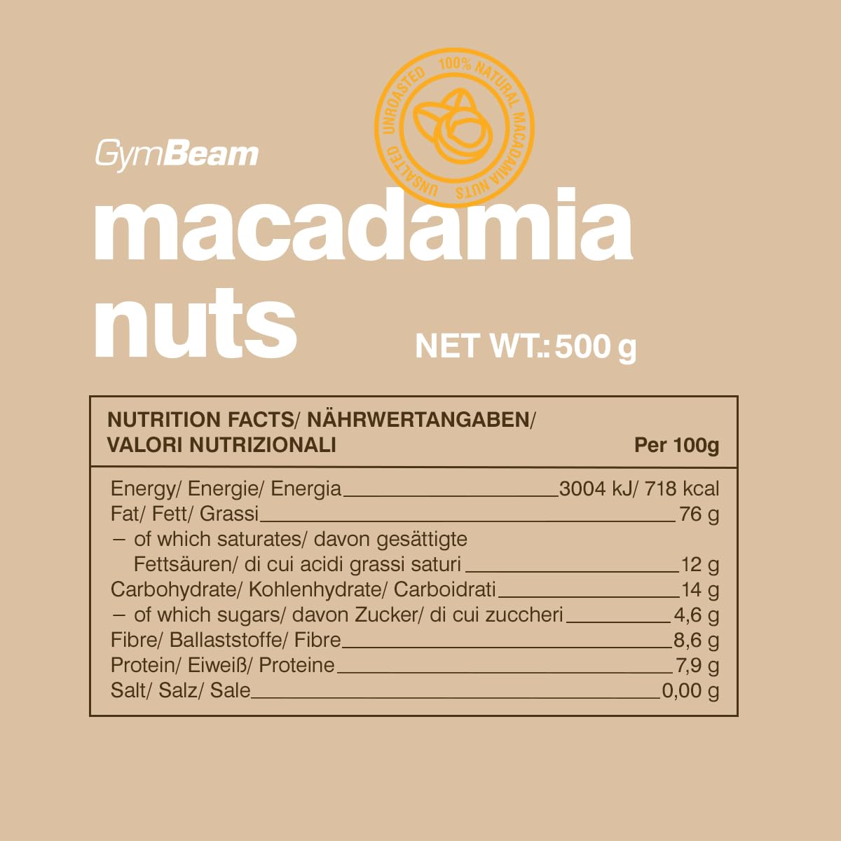 GymBeam Noci di Macadamia Intere Non Salate 500g Snack Vegano