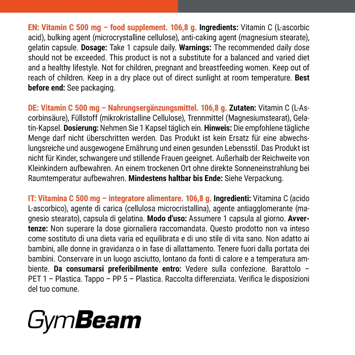 GymBeam Vitamina C 500 mg Capsule Acido Ascorbico Immunità