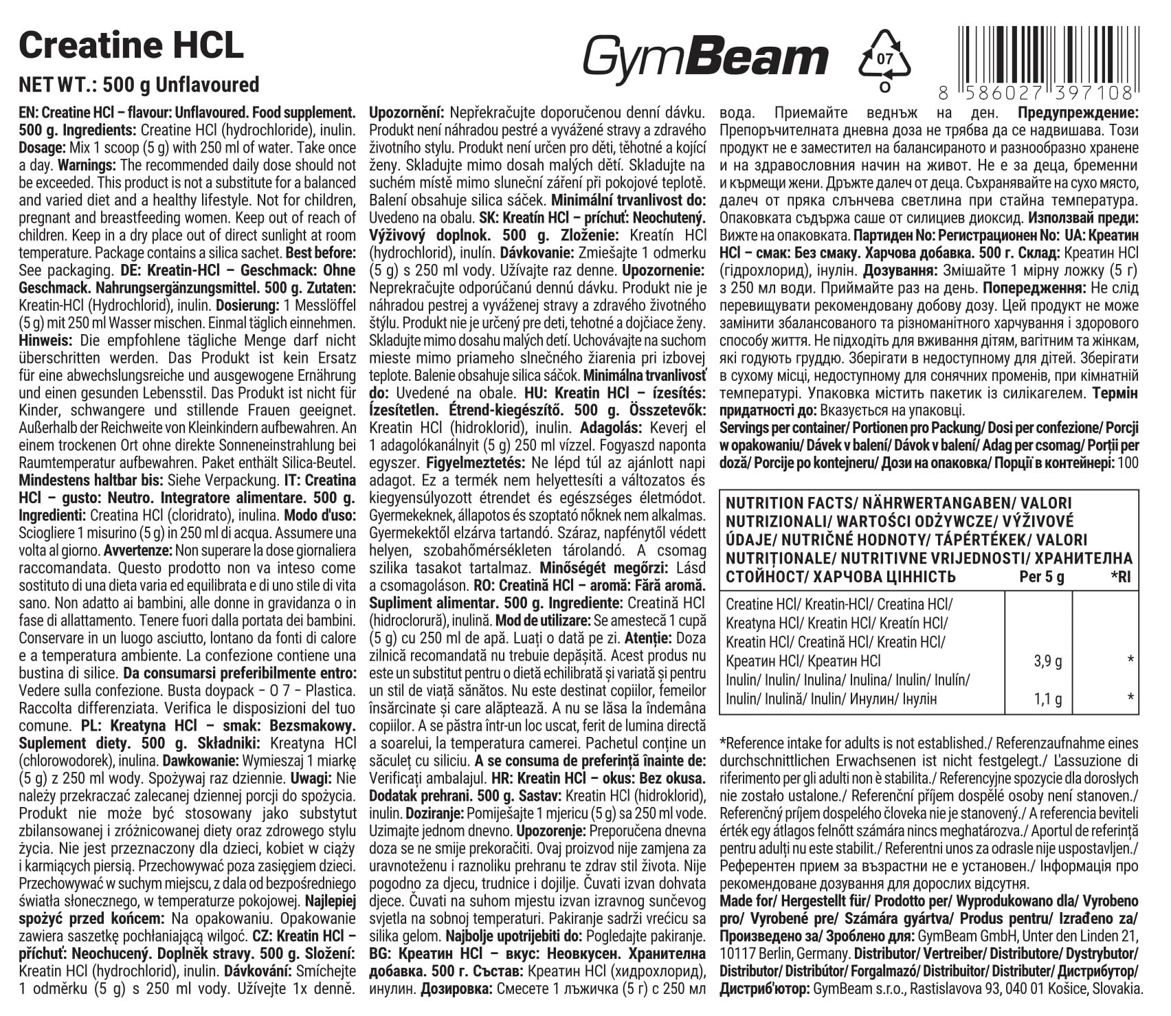 GymBeam Creatina HCl Polvere Non Aromatizzata Neutra Solubile