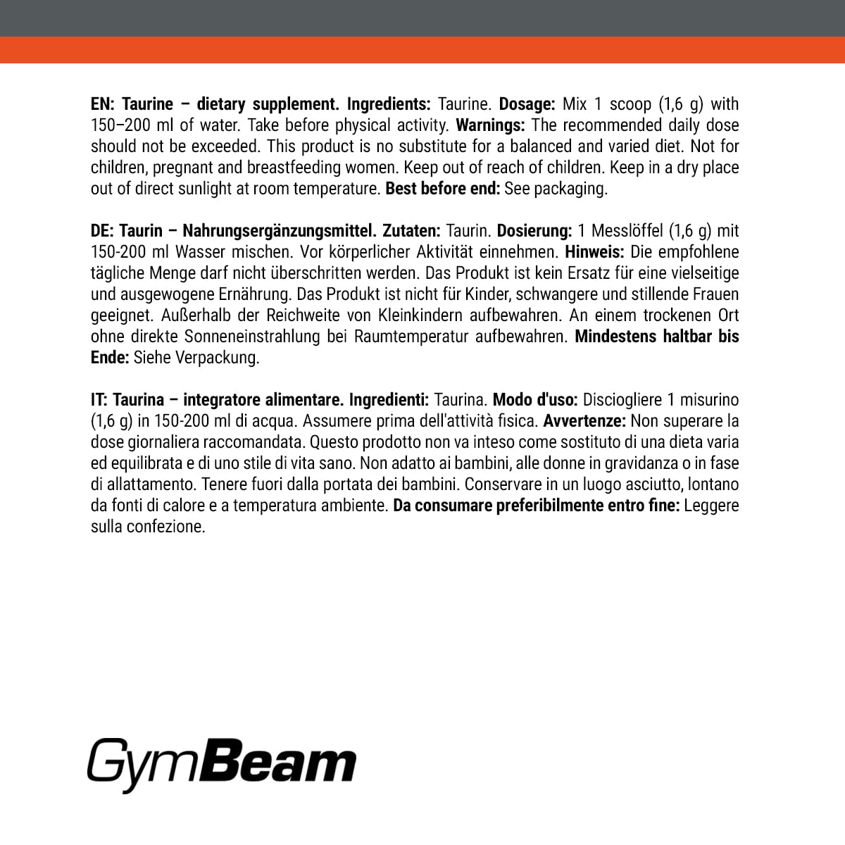 GymBeam Taurina Polvere 250 g pre-workout vegan