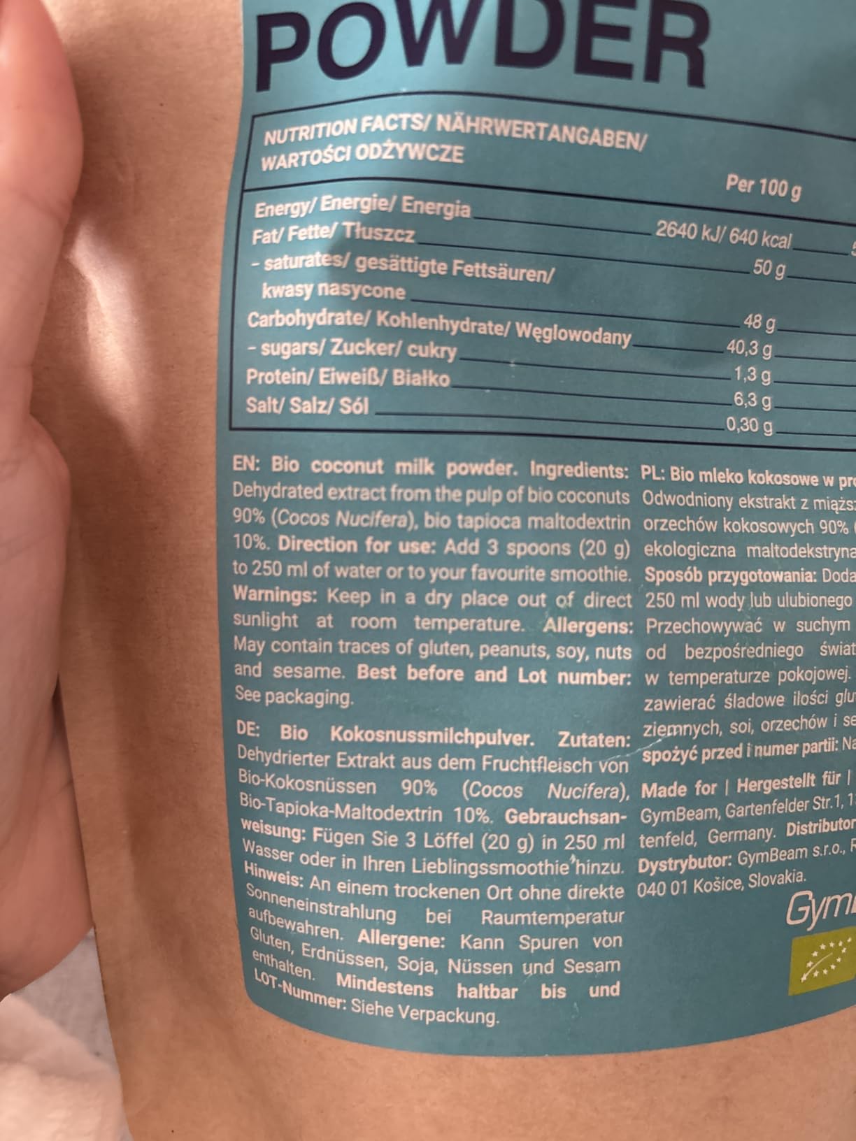 GymBeam Latte di Cocco Bio 250 g Senza Lattosio