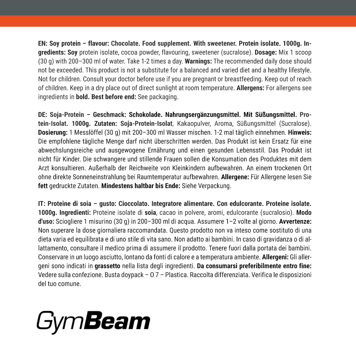 GymBeam Proteine Isolate Soia in Polvere 1000 g Cioccolato Vegane