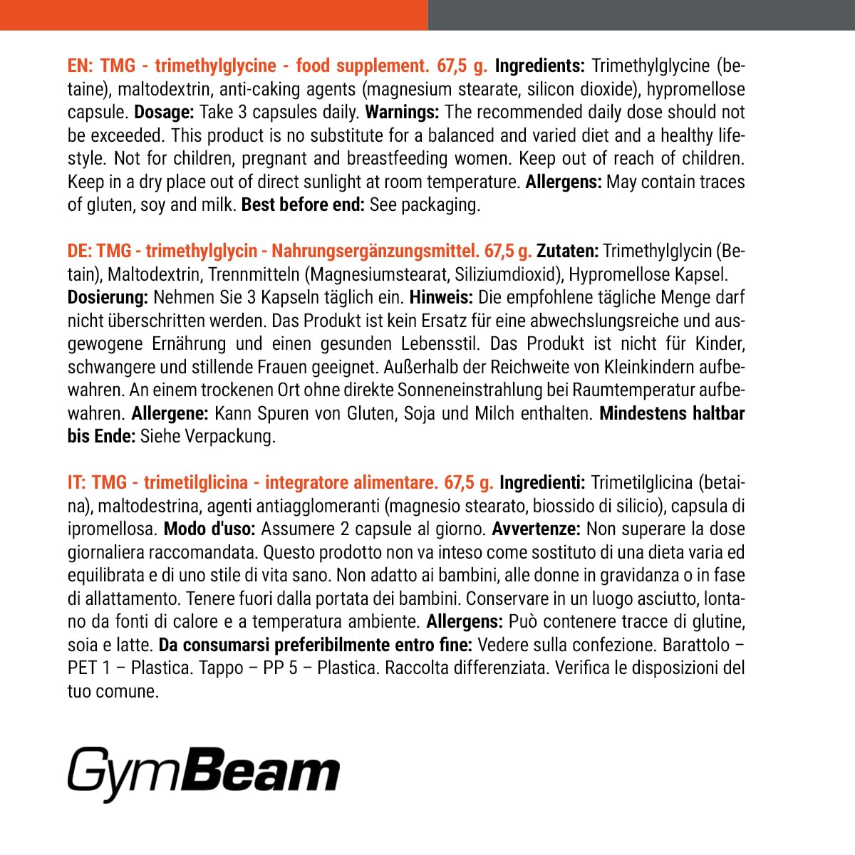 GymBeam Trimetilglicina Betaina TMG Capsule 90 cps