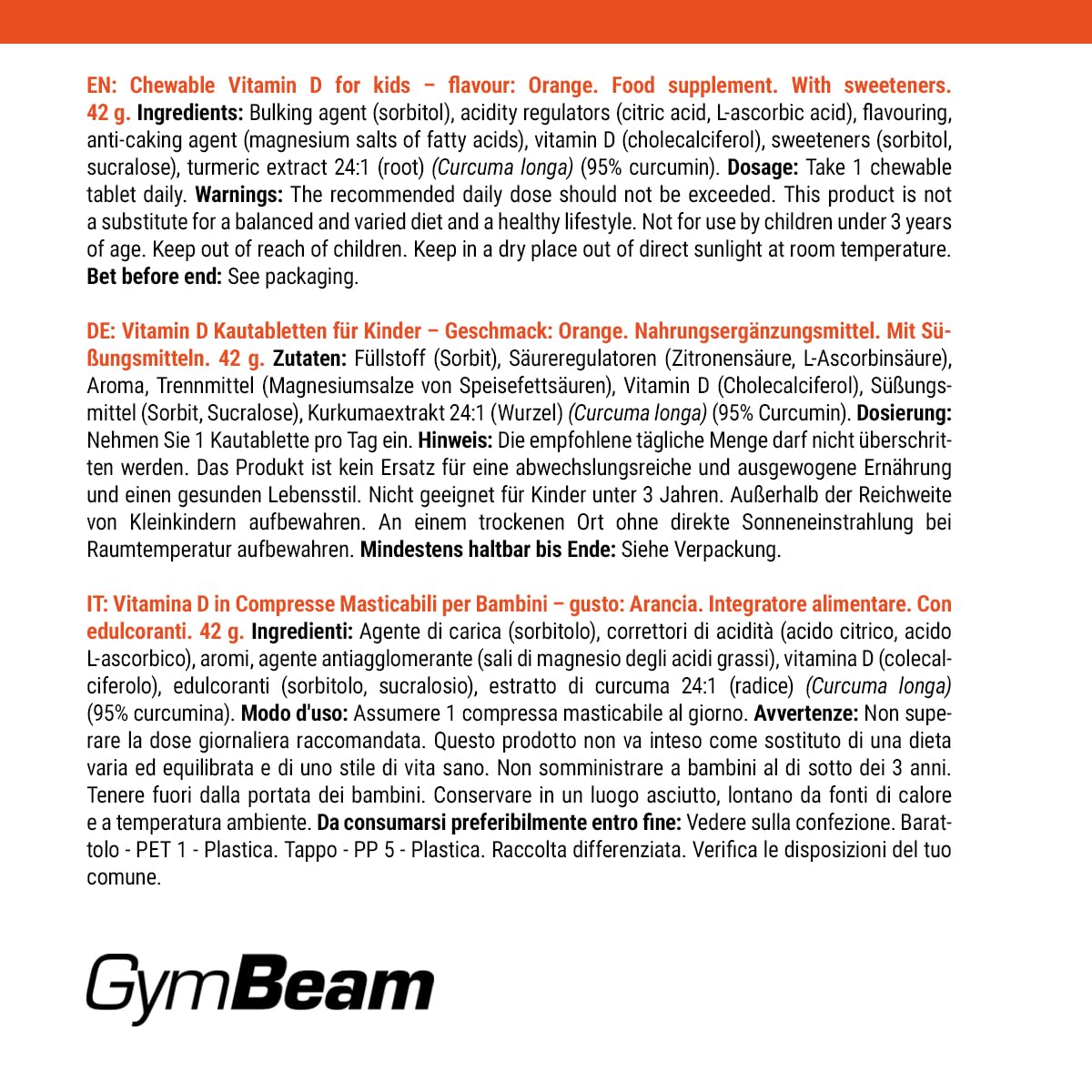 GymBeam Vitamine D3 Bambini Masticabile Arancia 120 Compresse