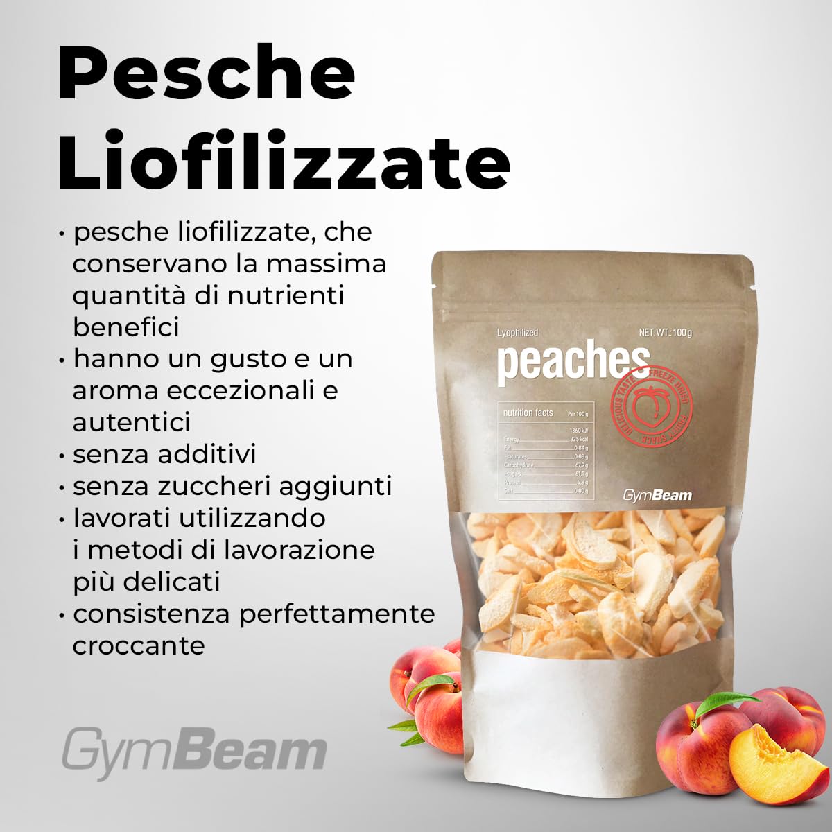 GymBeam Pesche Liofilizzate 100 g Snack Frutta Senza Zuccheri