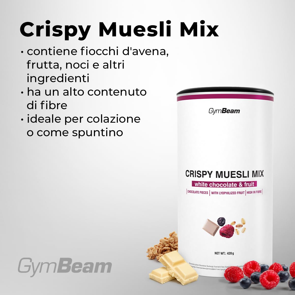 GymBeam Crispy Muesli Mix Cioccolato Bianco Frutta 420g