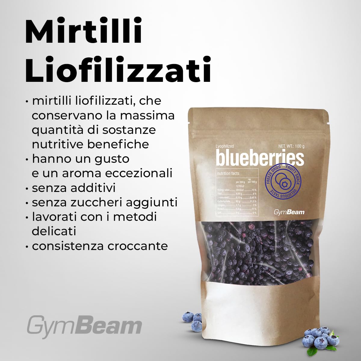 GymBeam Mirtilli Liofilizzati 100 g Snack Senza Zuccheri
