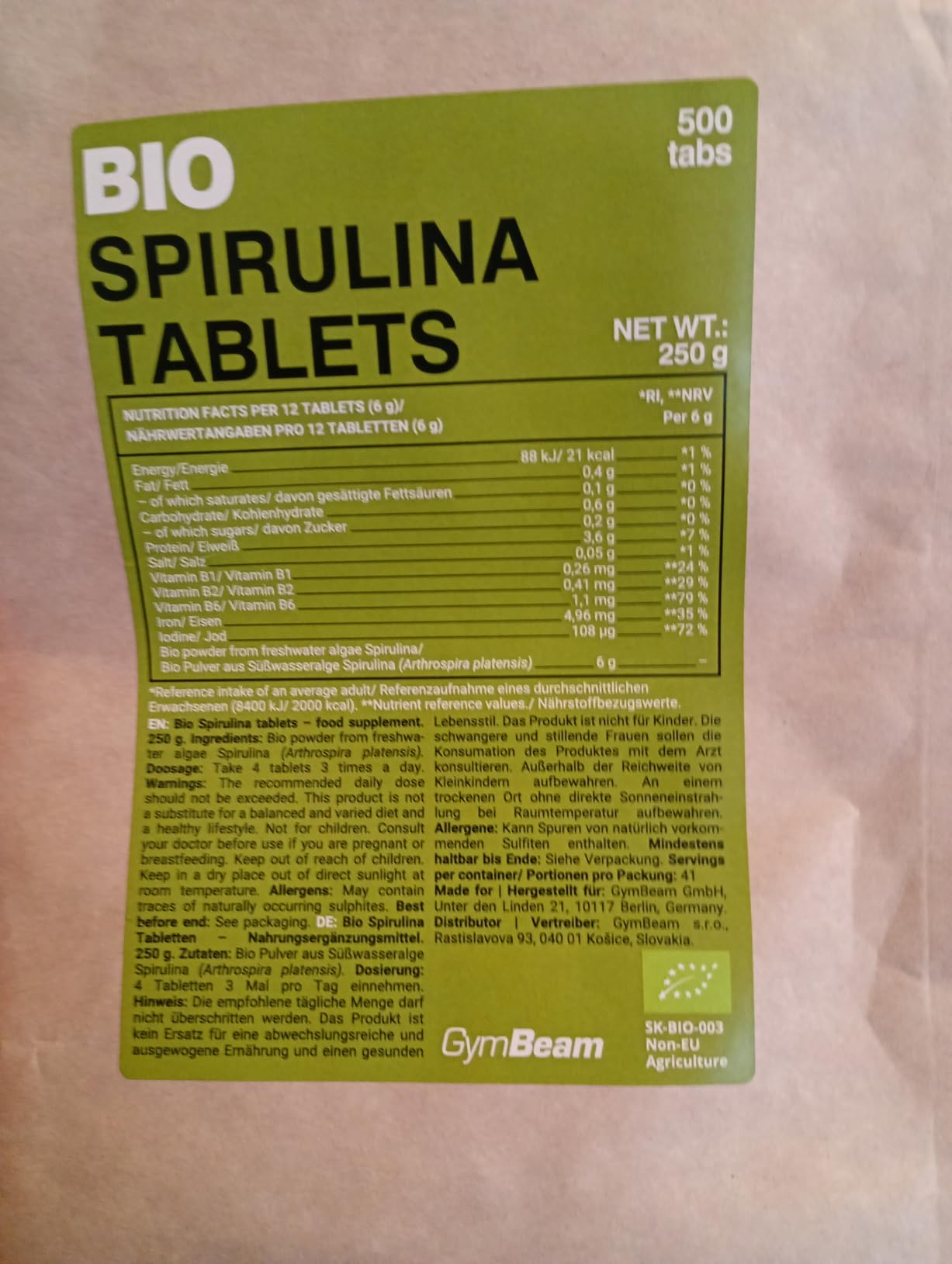GymBeam Spirulina Bio integratore 500 mg 500 compresse