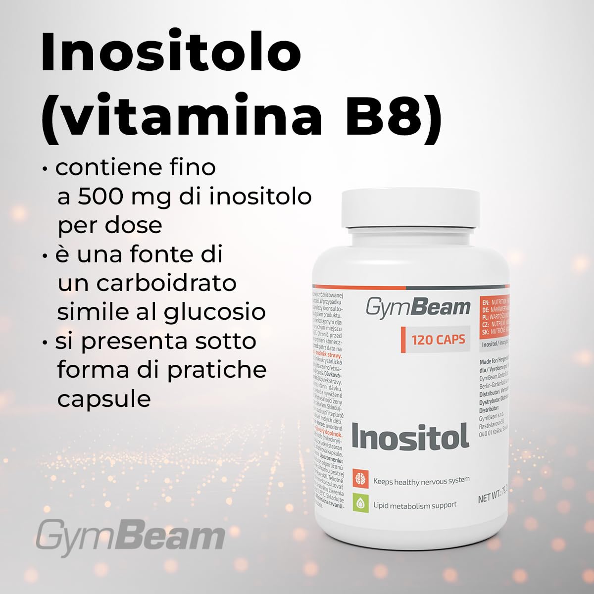 GymBeam Inositolo 500 mg Vitamina B8 120 Capsule Uso Giornaliero