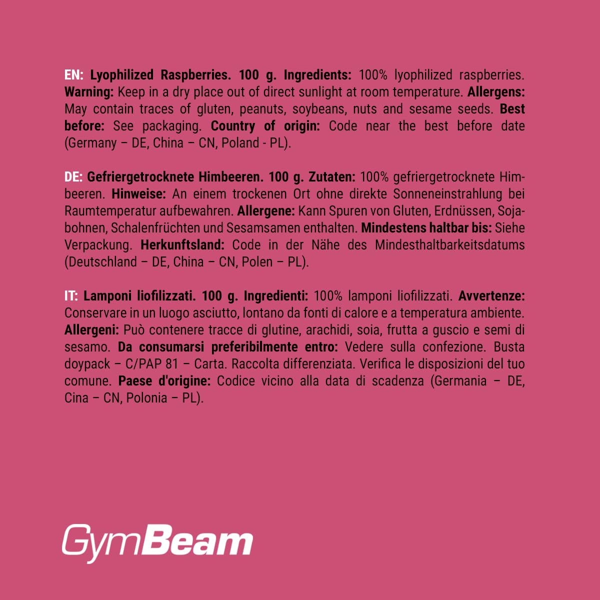GymBeam Lamponi Liofilizzati Frutta Liofilizzata 100 g Senza Zuccheri