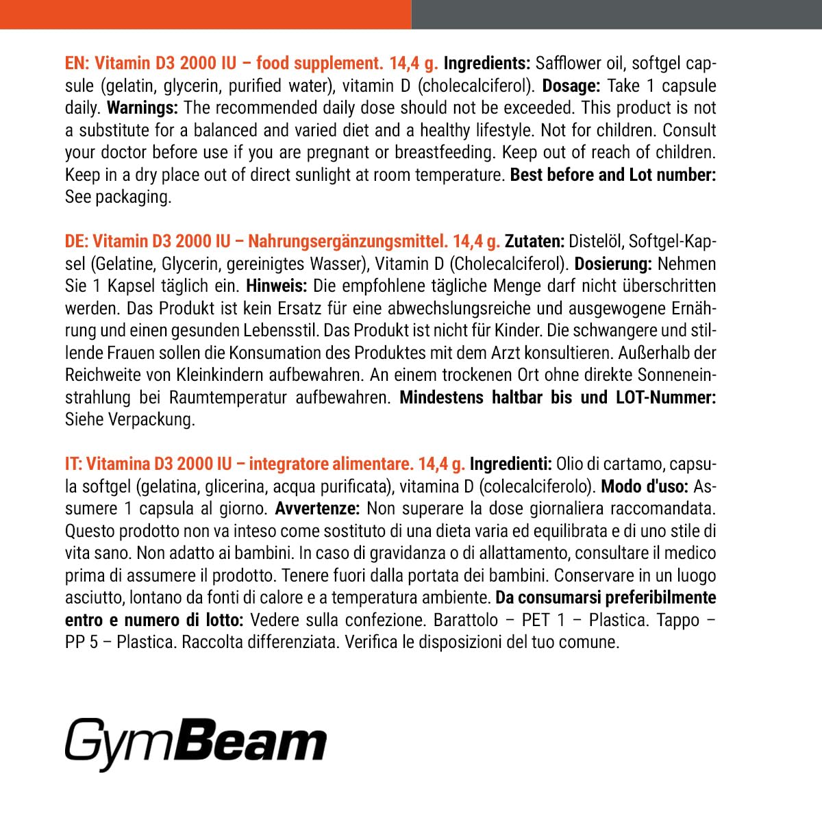 GymBeam Vitamina D3 2000 UI Capsule 60 cps ossa