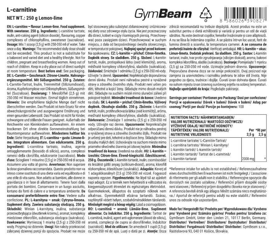 GymBeam L-Carnitina Polvere 250g Lemon Lime 2000mg Vegana