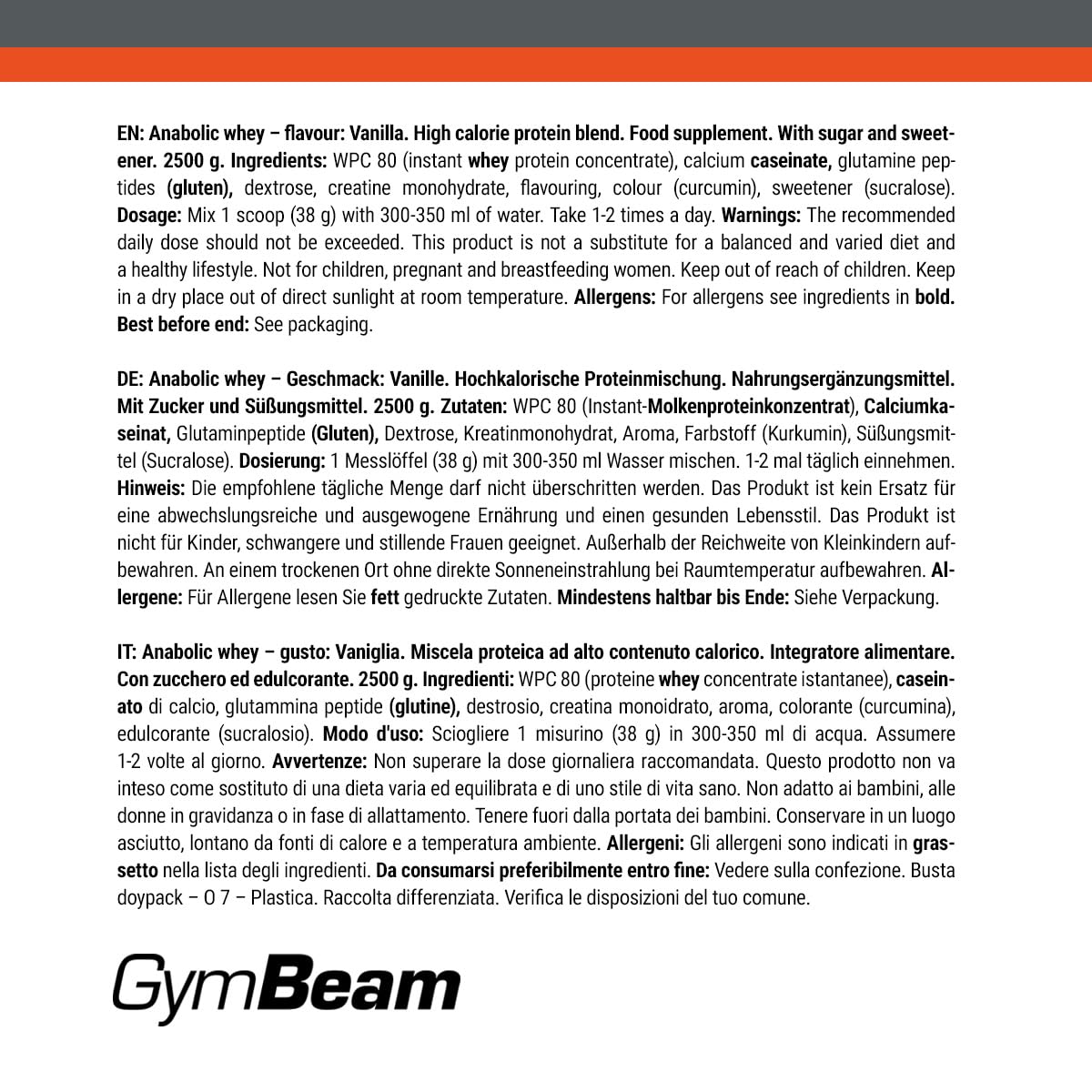 GymBeam Proteine Anabolic Whey Vaniglia 2500g creatina